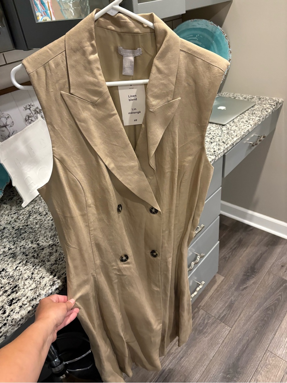 H&M Sleeveless Double-Breasted Linen Blend Vest Dress - Beige